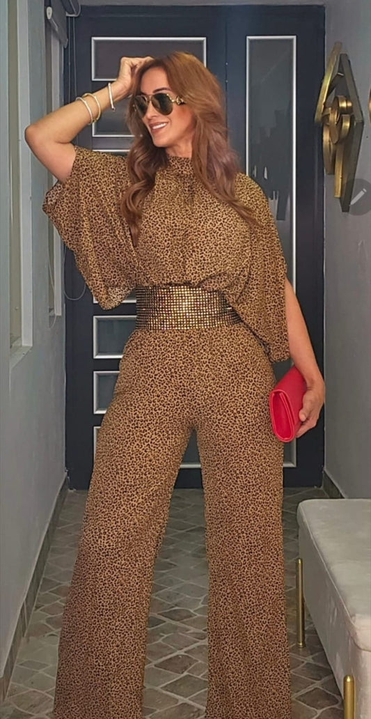 Mock Neck Wide Leg animal print Camel Jumpsuit