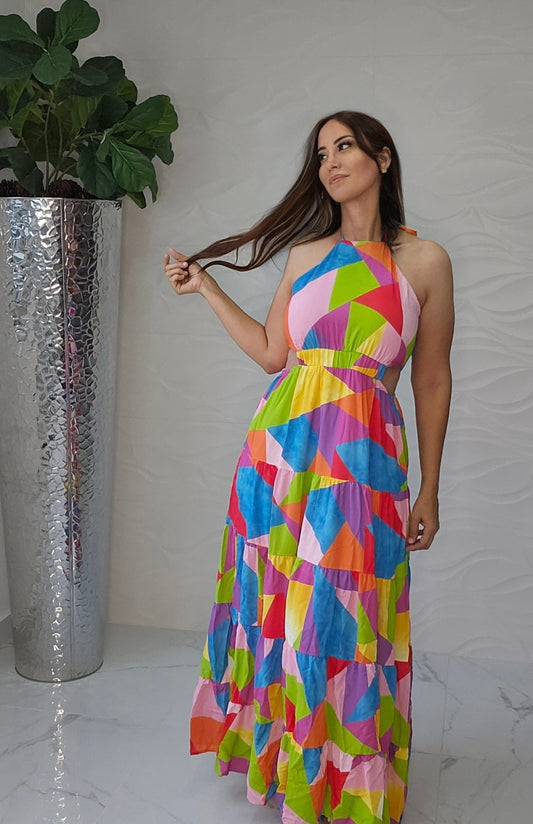 Multicolor Geo Print Maxi Dress