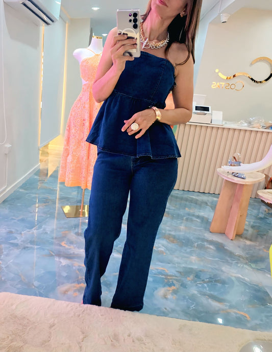 Denim Chic Peplum Set