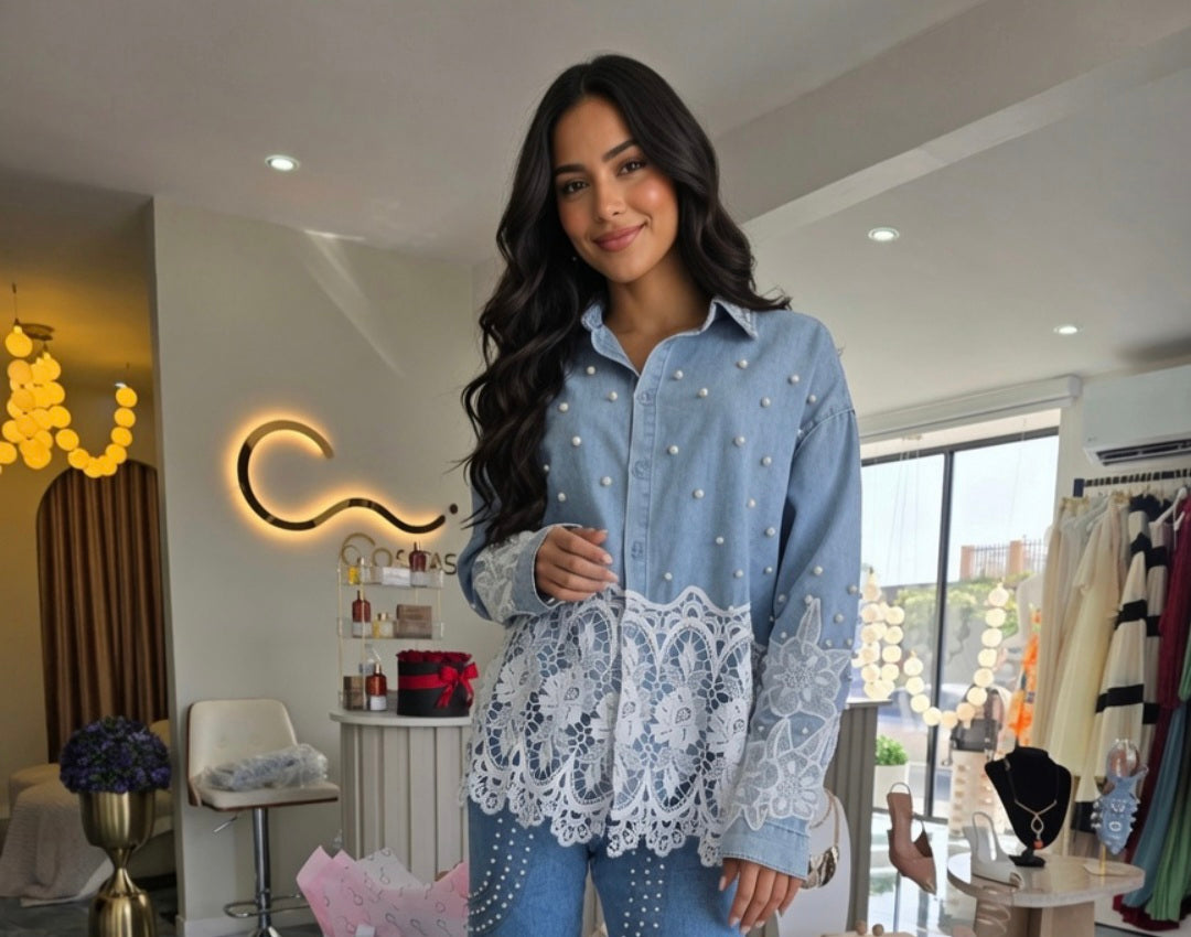 Denim Pearl Blouse